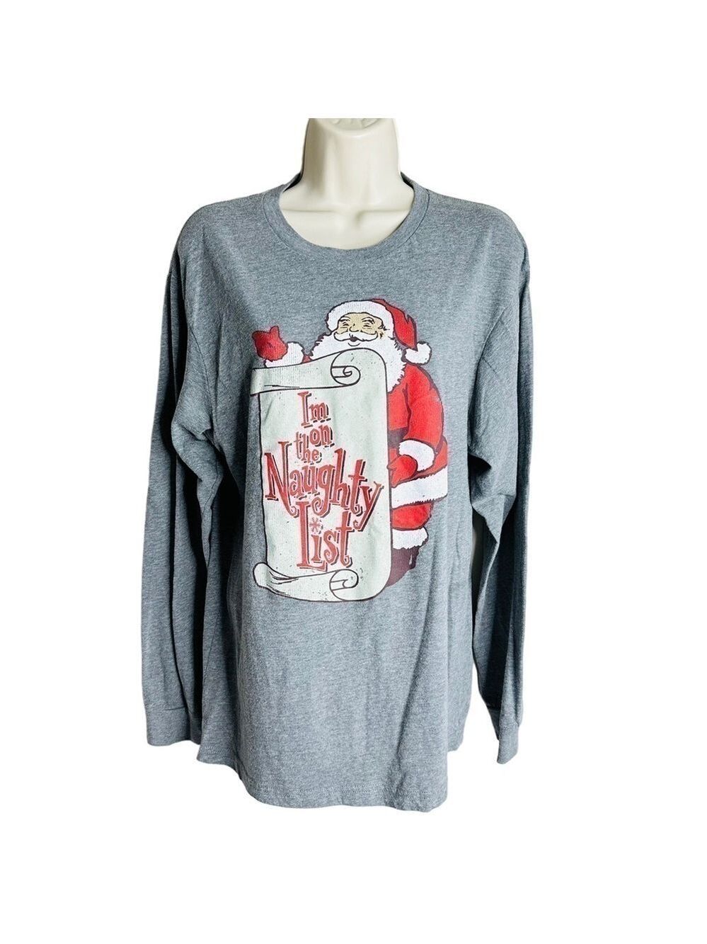 I’m On The‎ Naughty List Gray Long Sleeve Christmas Tee Size M